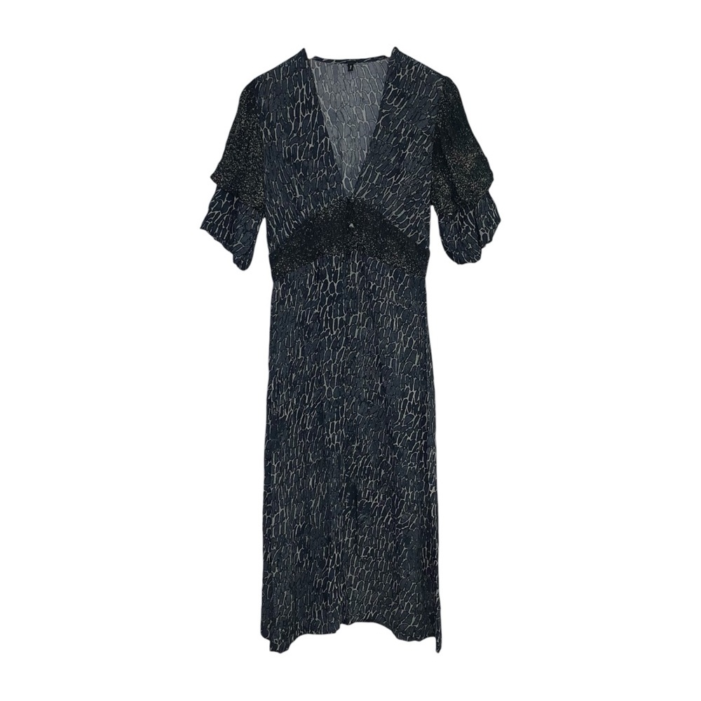 BL^NK London Maxi Dress Size Small Blue Print Plunge V-Neck‎ Button